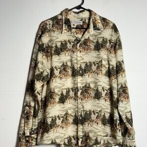 Vintage 50s 60s Wool Challis Winter Scene All Over Ski Lodge Shirt Sz XL USA